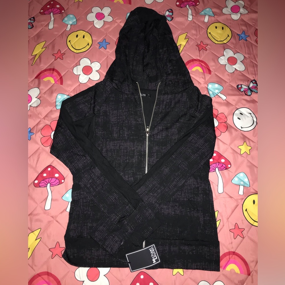 Michael Lauren Medium zip up fitted hoodie black & gray pattern thumb holes
